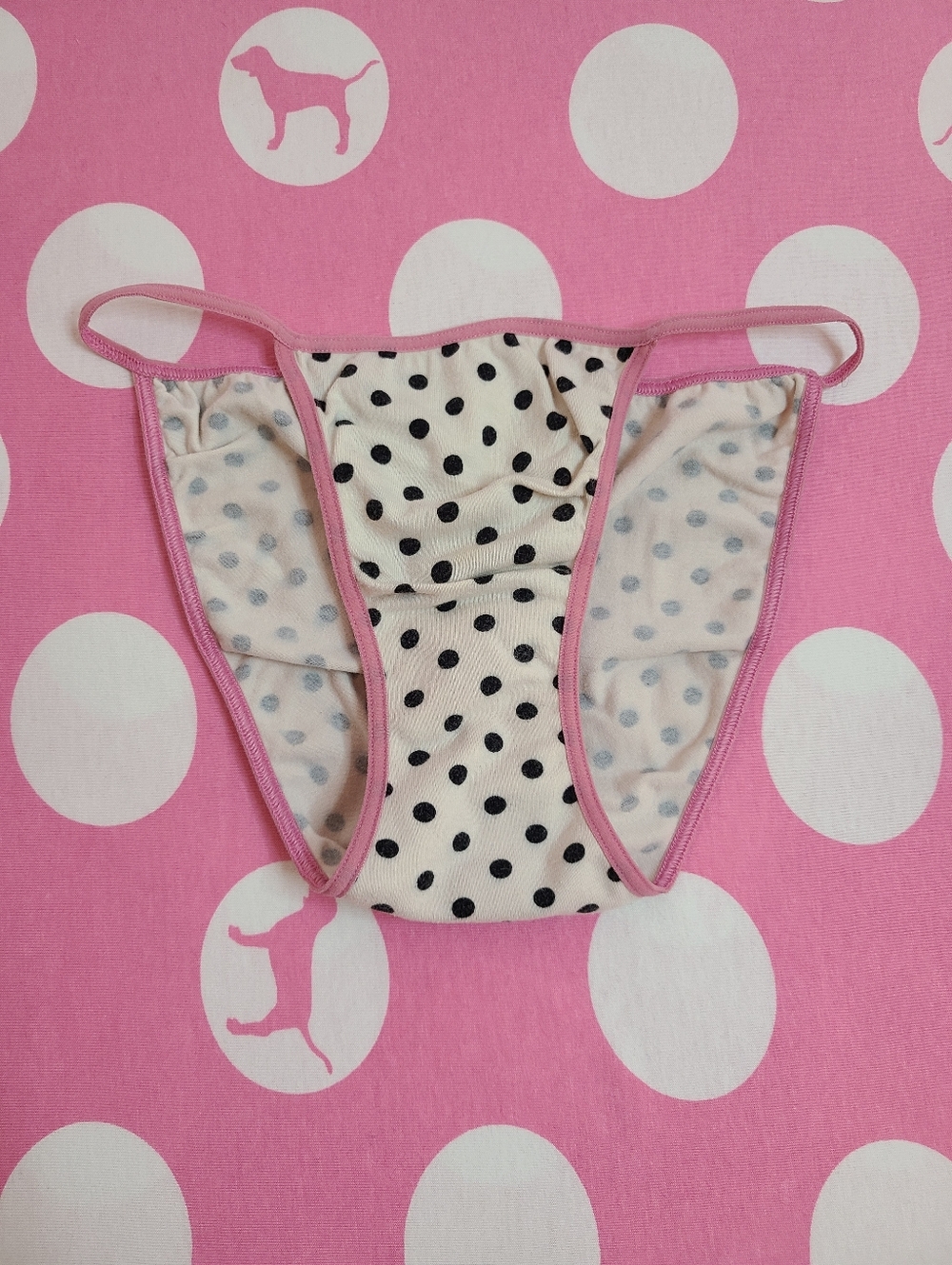 Rare VTG VS PINK Low Rise Graphic Cotton String Bikini Panty XS Polka Dots